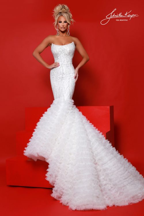 White strapless mermaid gown with rhinestone beading. Ideal for pageant finals, destination wedding, bridal gown, homecoming court, or statement prom looks.